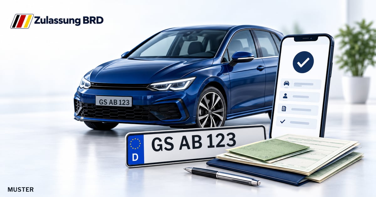 Online Fahrzeugzulassung in Goslar: Musterkennzeichen GS AB 123, Auto und Fahrzeugpapiere und Smartphone. Illustration mit Logo von Zulassung BRD.